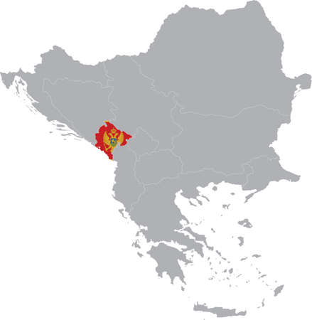 Map of Montenegro with national flag within the gray map of Balkan peninsulaのイラスト素材