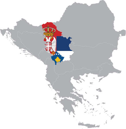 Map of Serbia with Kosovo with national flag within the gray map of Balkan peninsulaのイラスト素材