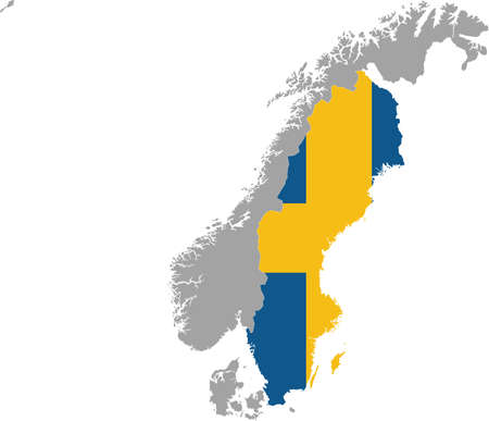 Map of Sweden with national flag within the gray map of Scandinavian peninsula countriesのイラスト素材