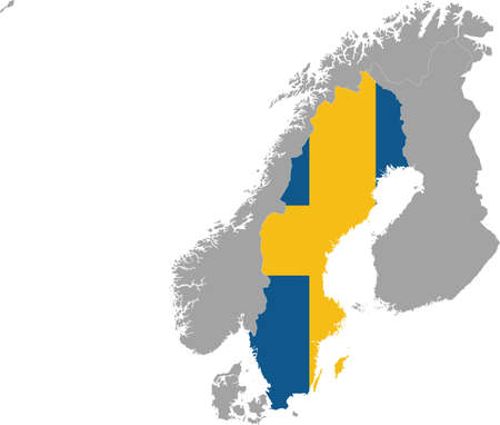 Map of Sweden with national flag within the gray map of Scandinavian peninsula countriesのイラスト素材