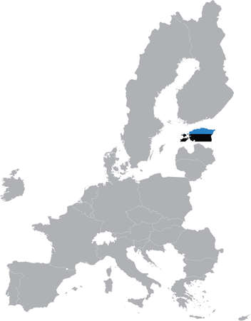 Map of Estonia with national flag within the gray map of European Union countriesのイラスト素材