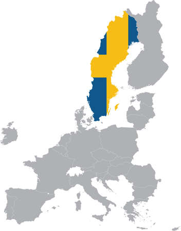 Map of Sweden with national flag within the gray map of European Union countriesのイラスト素材