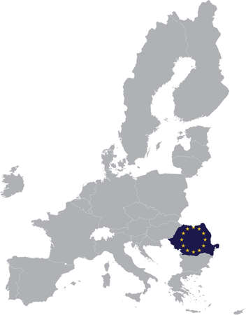 Map of Romania with European union flag within the gray map of European Union countriesのイラスト素材