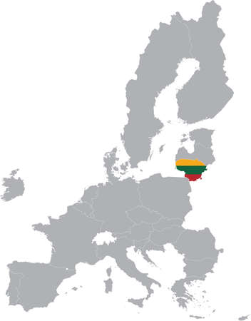 Map of Lithuania with national flag within the gray map of European Union countriesのイラスト素材