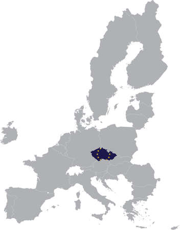 Map of Czech Republic with European union flag within the gray map of European Union countriesのイラスト素材