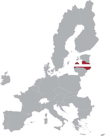 Map of Latvia with national flag within the gray map of European Union countriesのイラスト素材