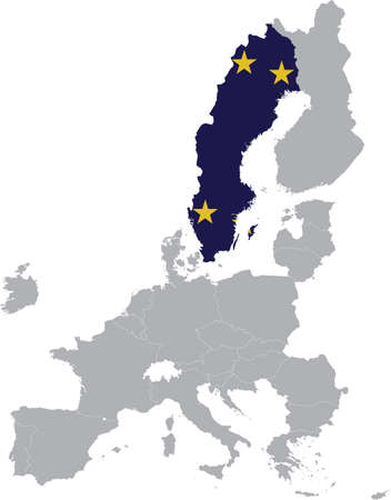 Map of Sweden with European union flag within the gray map of European Union countriesのイラスト素材