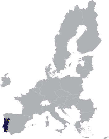 Map of Portugal with European union flag within the gray map of European Union countriesのイラスト素材