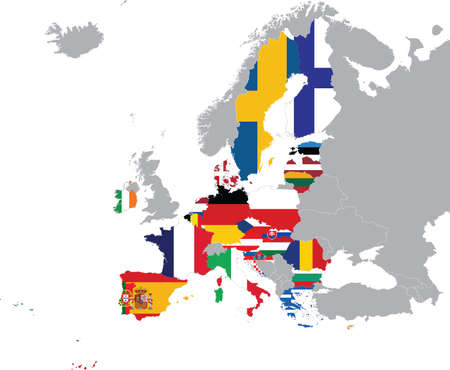 Map of European Union countries with national flag within the gray map of European continentのイラスト素材