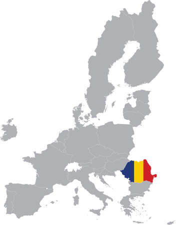 Map of Romania with national flag within the gray map of European Union countriesのイラスト素材