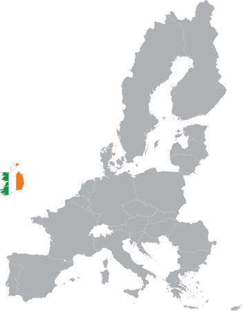Map of Ireland with national flag within the gray map of European Union countriesのイラスト素材