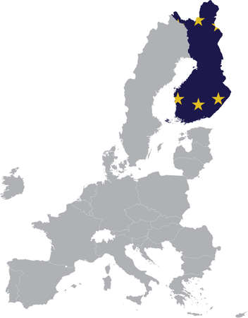 Map of Finland with European union flag within the gray map of European Union countriesのイラスト素材