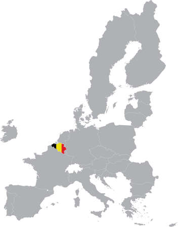 Map of Belgium with national flag within the gray map of European Union countriesのイラスト素材