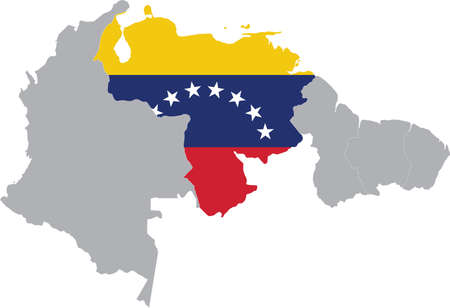 Map of Venezuela with national flag within the gray map of the northern region of South Americaのイラスト素材