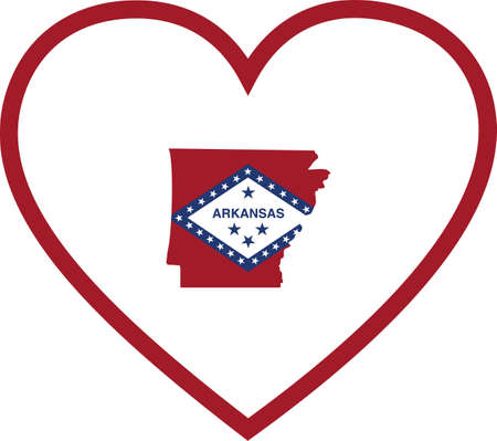 vector illustration of Map of US federal state of Arkansas with state flag inside white heart shape with red strokeのイラスト素材