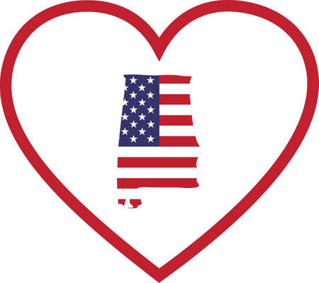 vector illustration of Map of US federal state of Alabama with the flag of the United States of America inside white heart shape with red strokeのイラスト素材