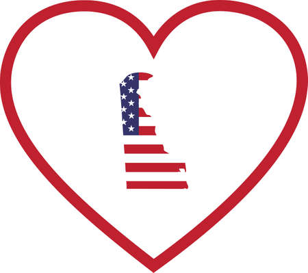 vector illustration of Map of US federal state of Delaware with the flag of the United States of America inside white heart shape with red strokeのイラスト素材