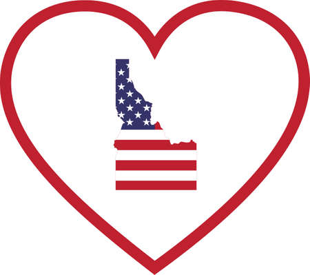 vector illustration of Map of US federal state of Idaho with the flag of the United States of America inside white heart shape with red strokeのイラスト素材