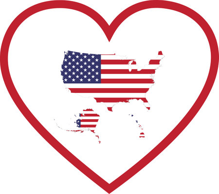 Map of United States of America with Hawaii and Alaska with the flag of the United States of America inside white heart shape with red strokeのイラスト素材