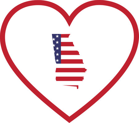 Map of US federal state of Georgia with the flag of the United States of America inside white heart shape with red strokeのイラスト素材