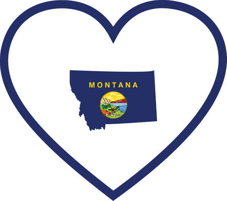 vector illustration of Map of US federal state of Montana with state flag inside white heart shape with blue strokeのイラスト素材