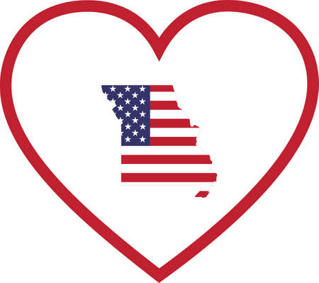 vector illustration of Map of US federal state of Missouri with the flag of the United States of America inside white heart shape with red strokeのイラスト素材