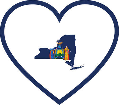 vector illustration of Map of US federal state of New York with state flag inside white heart shape with blue strokeのイラスト素材