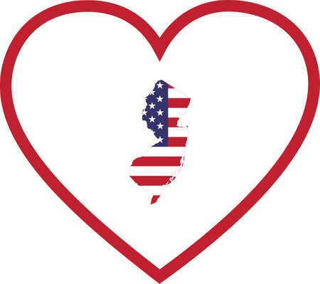 vector illustration of Map of US federal state of New Jersey with the flag of the United States of America inside white heart shape with red strokeのイラスト素材