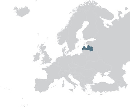 vector illustration of Blue Map of Latvia within gray map of European continentのイラスト素材