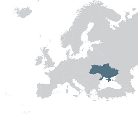 vector illustration of Blue Map of Ukraine within gray map of European continentのイラスト素材
