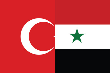 vector illustration of Flag of Turkey and Syria - half of flags of both countries put into one flagのイラスト素材