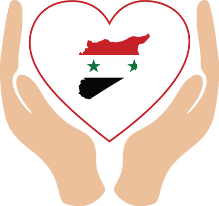 vector illustration of Hands holding a white heart with a map of Syria with national flagのイラスト素材