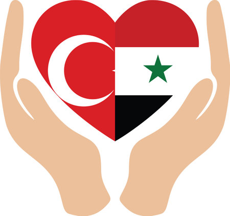 vector illustration of Hands holding a heart with a flag of Turkey and Syria - half of flags of both countries put into heart shapeのイラスト素材