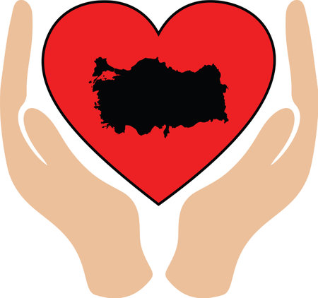vector illustration of Hands holding a red heart with a black map of Turkeyのイラスト素材