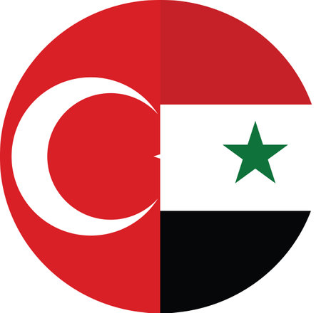 vector illustration of  Circle flag of Turkey and Syria - half of flags of both countries put into one flagのイラスト素材