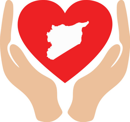 vector illustration of Hands holding a red heart with a white map of Syriaのイラスト素材