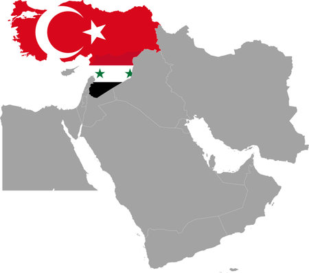 vector illustration of Map of Turkey and Syria with national flag within the gray map of Middle Eastのイラスト素材