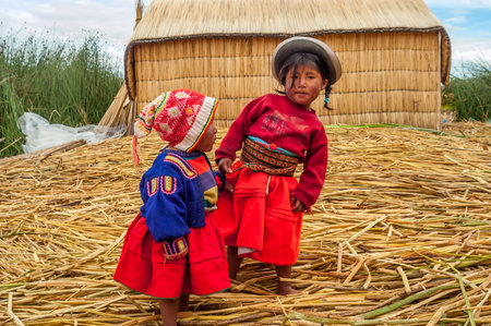 Native Peruvian Children from The Uros Floating Islandのeditorial素材