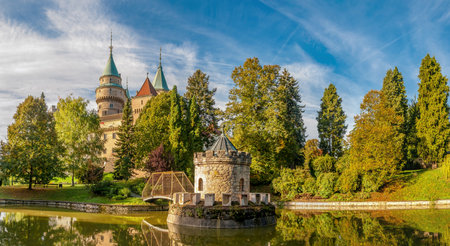 Panorama View at The Bojnice Castle with a Lake and Tower  Slovakia のeditorial素材