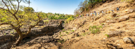 BLUE NILE, ETHIOPIA - MARCH 22,2014 - Portuguese bridge near Tis Issat  People keep cattle and carry goods for sale on the market のeditorial素材