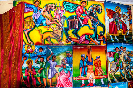 TANA LAKE, ETHIOPIA - MARCH 22,2014 - Painting in Kibran Gabriel Church  Kibran Gabriel Church was established in the 14th century のeditorial素材