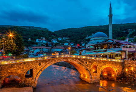 PRIZREN, KOSOVO - JULY 27,2014 - Evening view at the old stone bridge in Prizren  Prizren is a historic city located in Kosovo のeditorial素材
