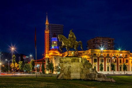 Evening view at the Skanderbeg Square in Tiranaのeditorial素材