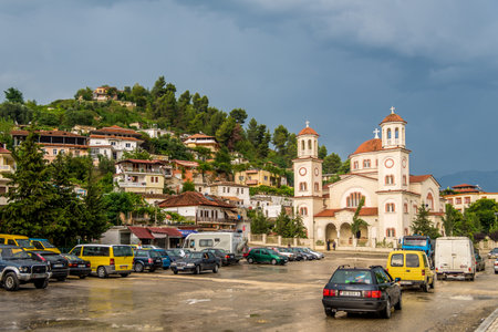BERAT,ALBANIA - JULY 30,2014 - New Orthodox Cathedral of Berat in Albania Berat lies on the right bank of the river Osum  It has a wealth of beautiful buildings of high architectural and historical interest のeditorial素材