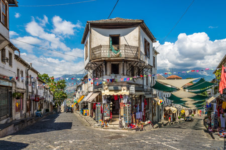GJIROKASTER,ALBANIA - JULY 31,2014 - In the streets of  Gjirokaster  Gjirokaster is situated in a valley between the Gjere mountains and the Drino River のeditorial素材