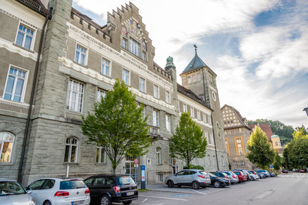 FELDKIRCH,AUSTRIA - AUGUST 28,2014 - Building Landesgericht in Feldkirch. Feldkirch is a medieval city in the western Austrian state of Vorarlberg.のeditorial素材
