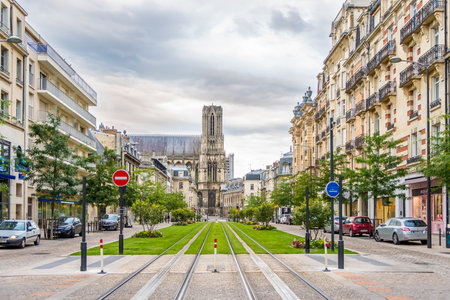 REIMS, FRANCE - AUGUST 22,2014 - In the streets in Reims. Reims played a prominent ceremonial role in French monarchical history.のeditorial素材