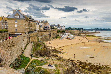 SAINT MALO, FRANCE - AUGUST 24,2014 - View at Saint Malo. Fort National is a fort on a tidal island a few hundred metres off the walled city of Saint-Malo.のeditorial素材