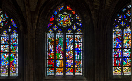 ORLEANS, FRANCE - AUGUST 26,2014 - Steined glass in cathedrale Holy Cross of Orleans. The cathedral is probably most famous for its association with Joan of Arc.のeditorial素材