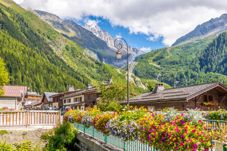 ARGENTIERE, FRANCE - AUGUST 27,2014 - View at the Argentiere village in France.Argentiere is a picturesque skiing, alpine walking and mountaineering village in the French Alps, part of the commune of Chamonix Mont Blanc.のeditorial素材